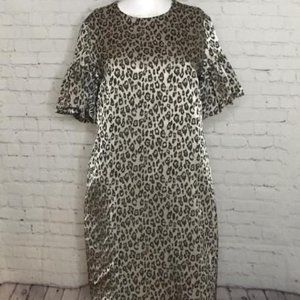 Banana Republic Shiny Silver Ruffle Sleeve Leopard Print Shift Dress - Size 4